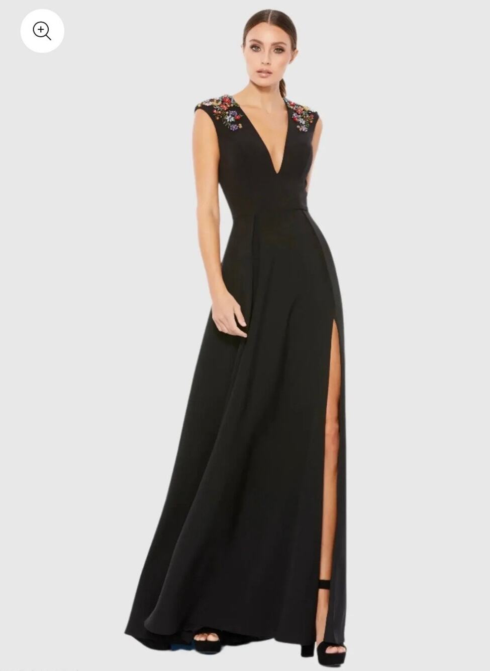 Mac Duggal Black Floral Beaded Cap Sleeve V Neck A Line Slit Gown Size 12